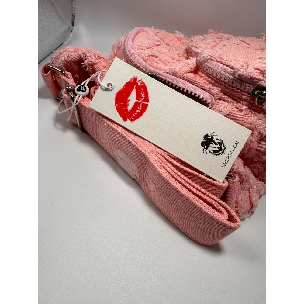 Wildfox Pink Denim Frayed Diamond Quilted Sling Backpack Bag New